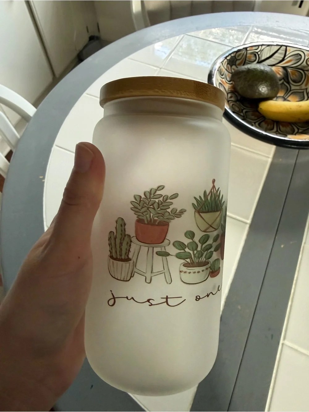 Frosted Glass Plant-Print drinking glass  with Bamboo Lid